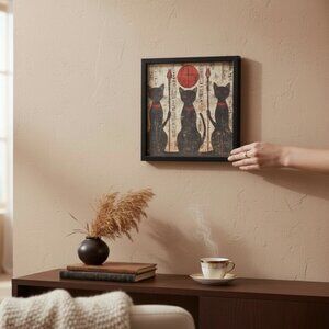 Egyptian Black Cat Art Framed 7x7 Bastet Goddess Wall Decor Hieroglyphics Sun